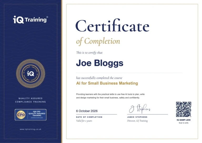 Sample IQ Training certificate for AI for Small Business Marketing