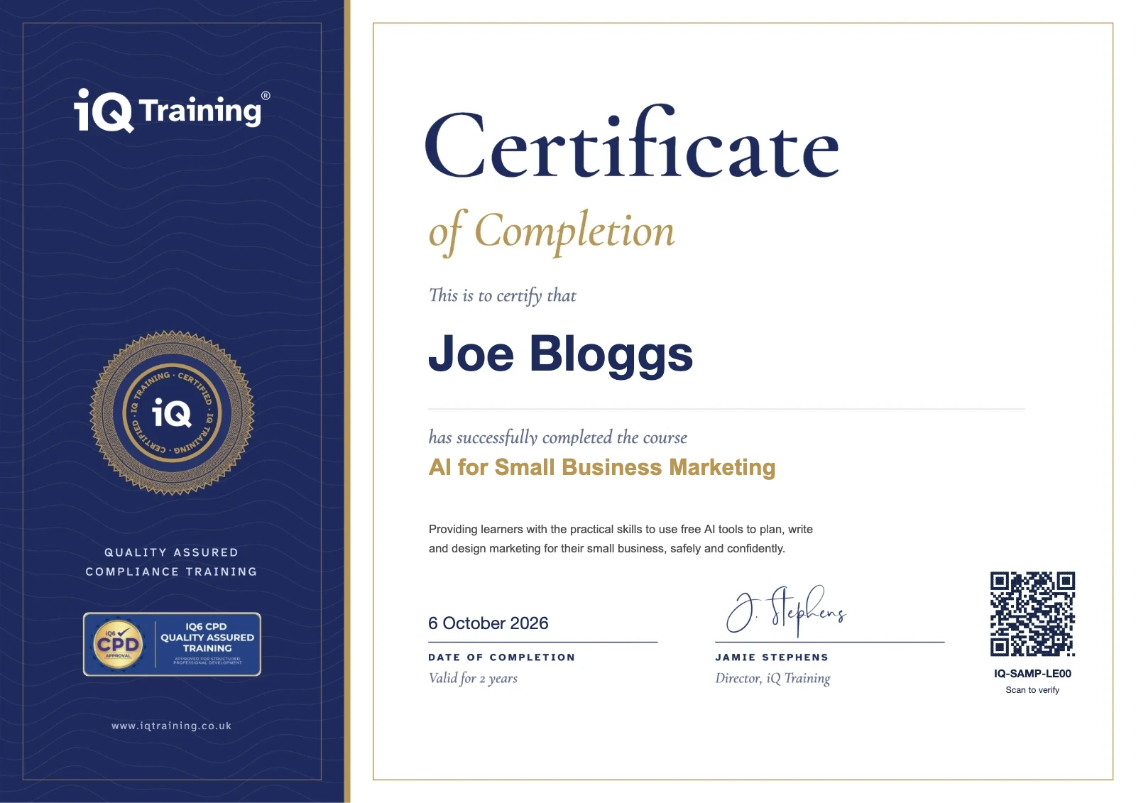 Sample IQ Training certificate for AI for Small Business Marketing