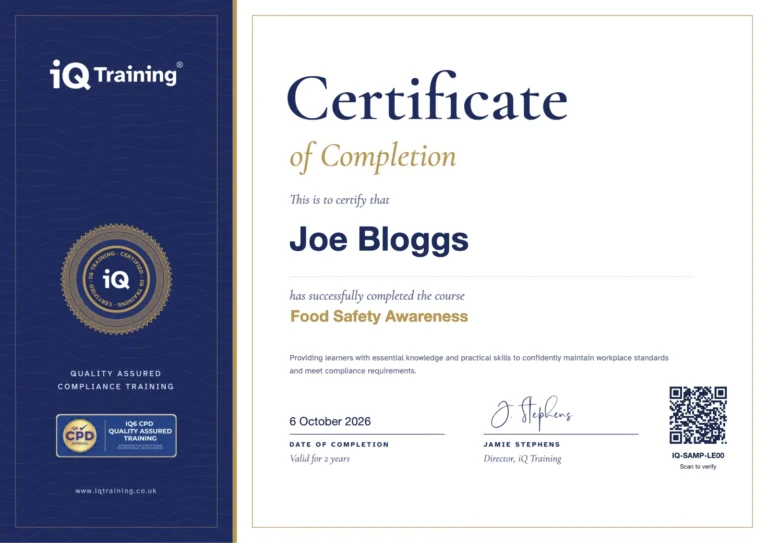 Food Safety Awareness certificate of completion from IQ Training
