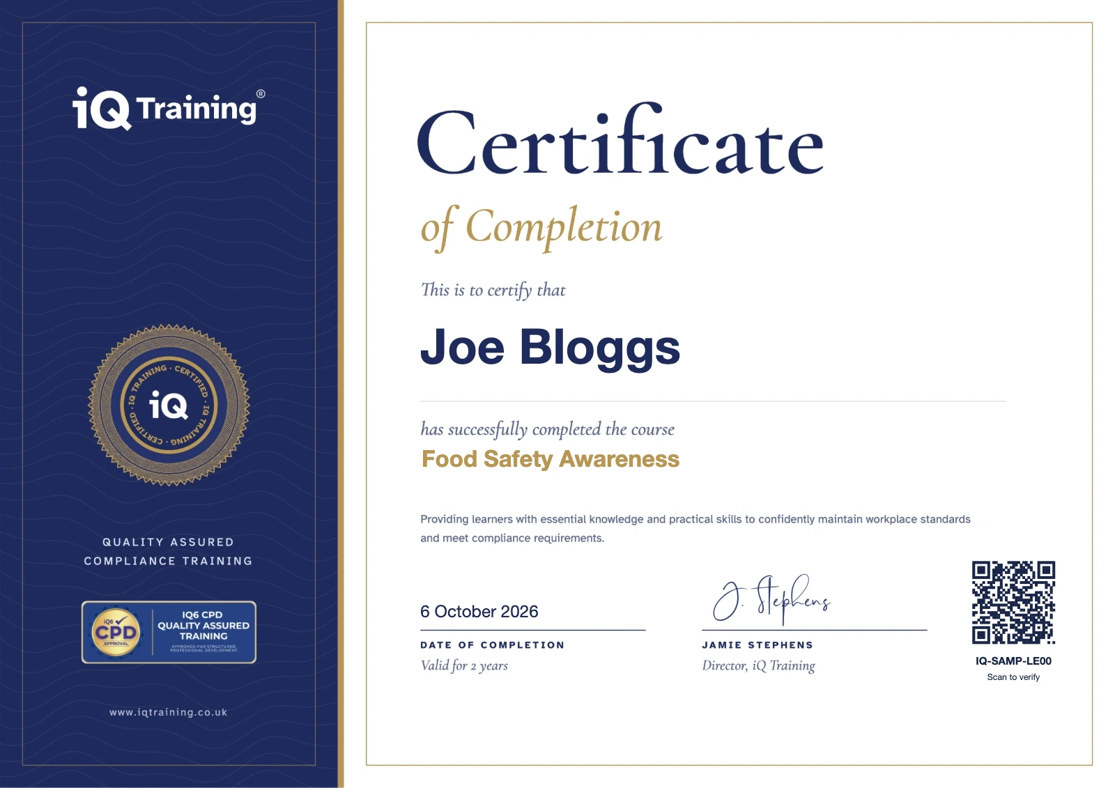 Food Safety Awareness certificate of completion from IQ Training