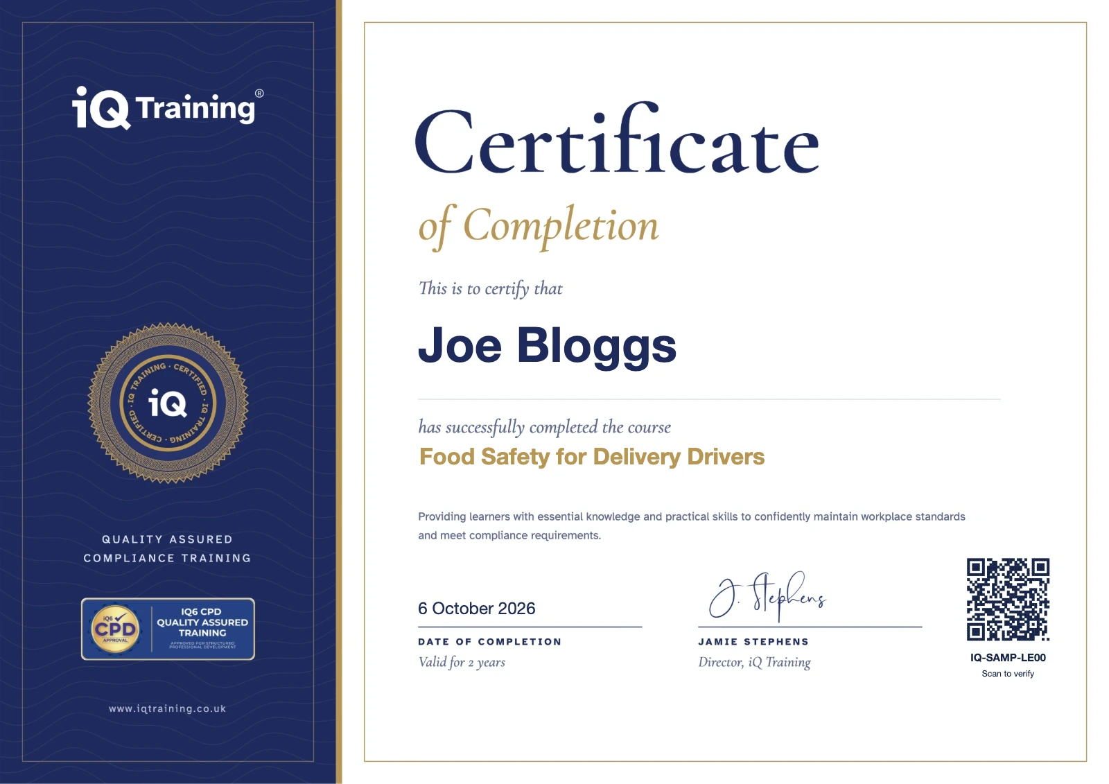 Food Safety for Delivery Drivers certificate of completion from IQ Training