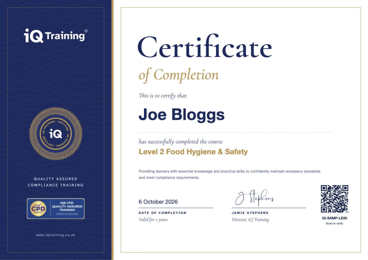 Example IQ Training certificate of completion for Level 2 Food Hygiene & Safety