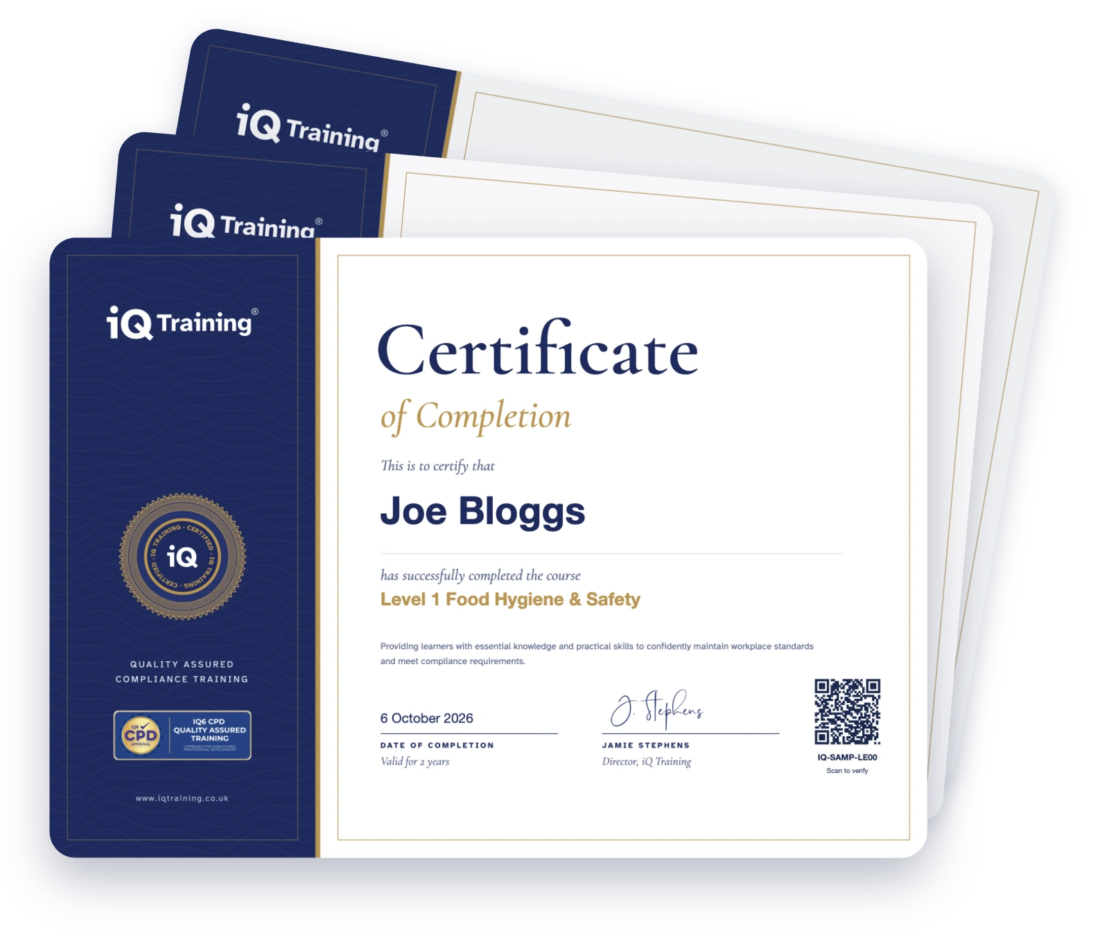 Example IQ Training certificates included in the Complete Food Safety Bundle: Level 1 Food Hygiene & Safety, Level 2 Food Hygiene & Safety, Advanced Allergen Awareness